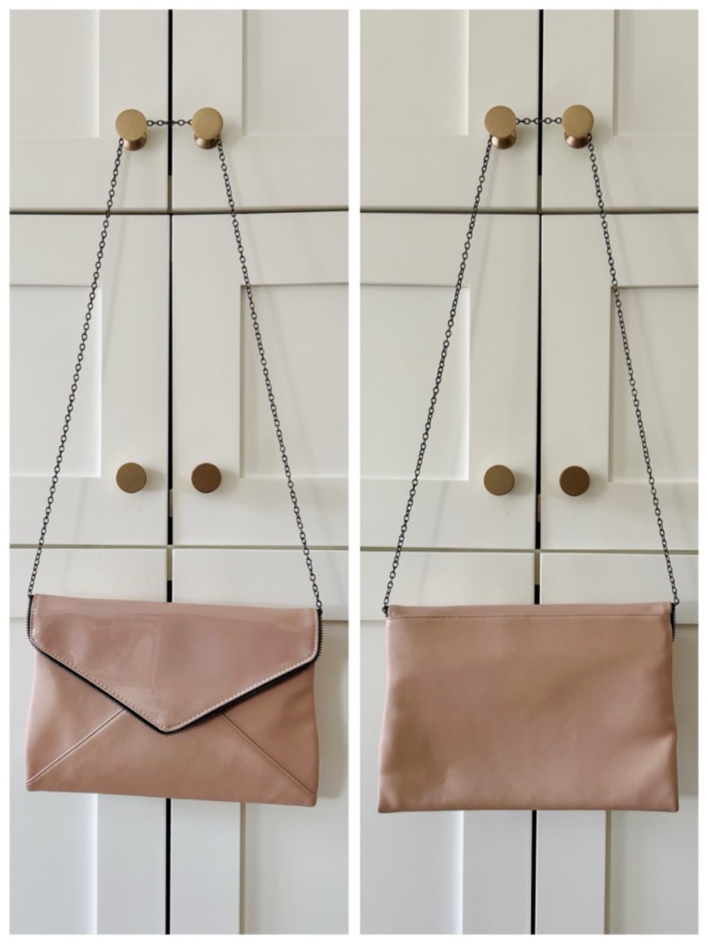 La Diva Nude Patent Leather Envelope Clutch Crossbody Bag | Gunmetal Hardware - Picture 4 of 17